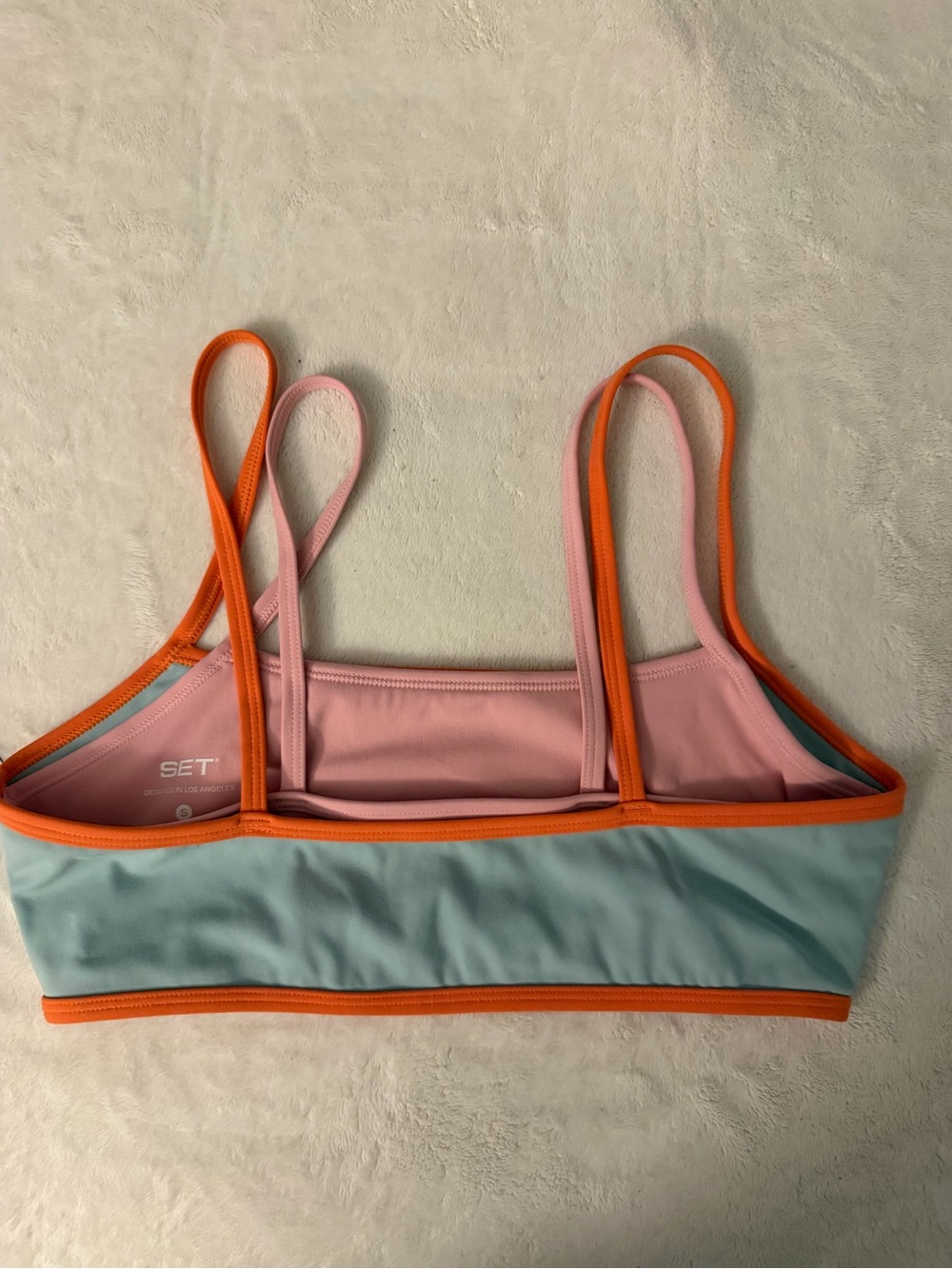 NWT SET Active Light Blue Bike Shorts and Sports Bra with Pink and Orange Trim - Picture 12 of 12